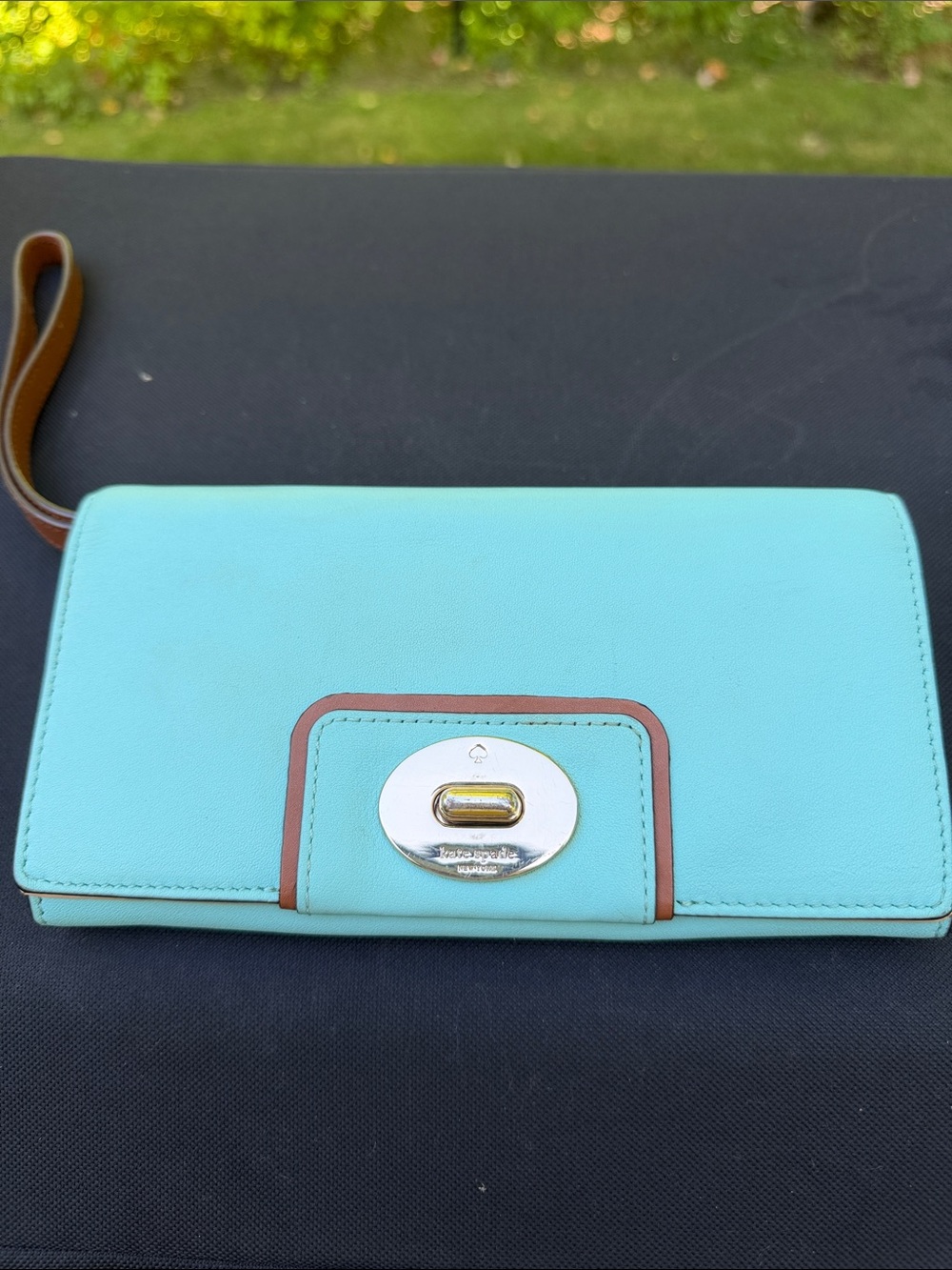 kate spade Aqua and Brown Turn-Lock Wristlet